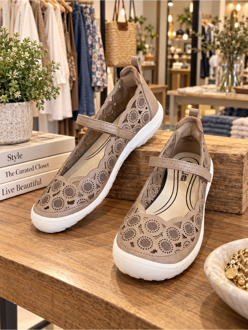 JBU Taupe Laser-Cut Mary Jane Flats